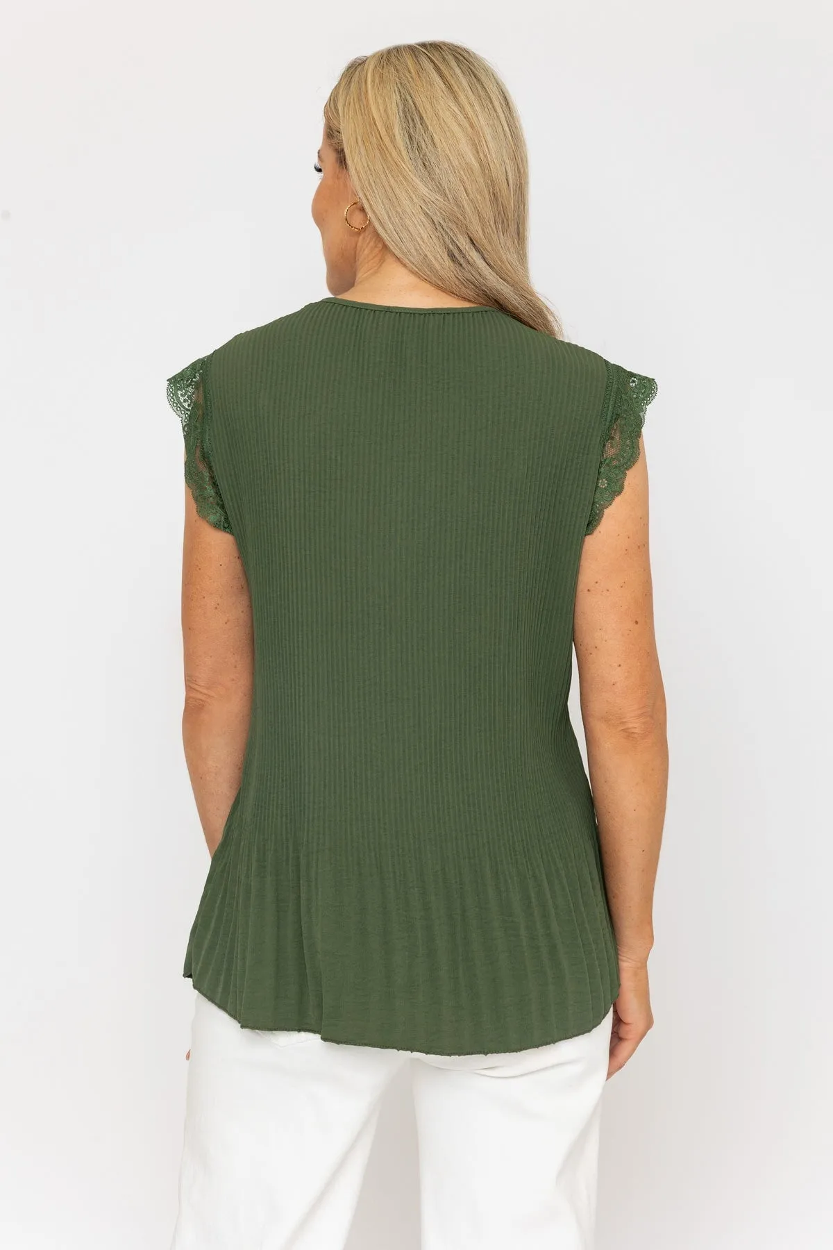 Khaki Sleeveless Lace Trim Pleat Top