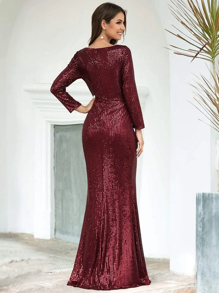 Lois | Shiny V Neck Sequin Long Sleeves Evening Dress