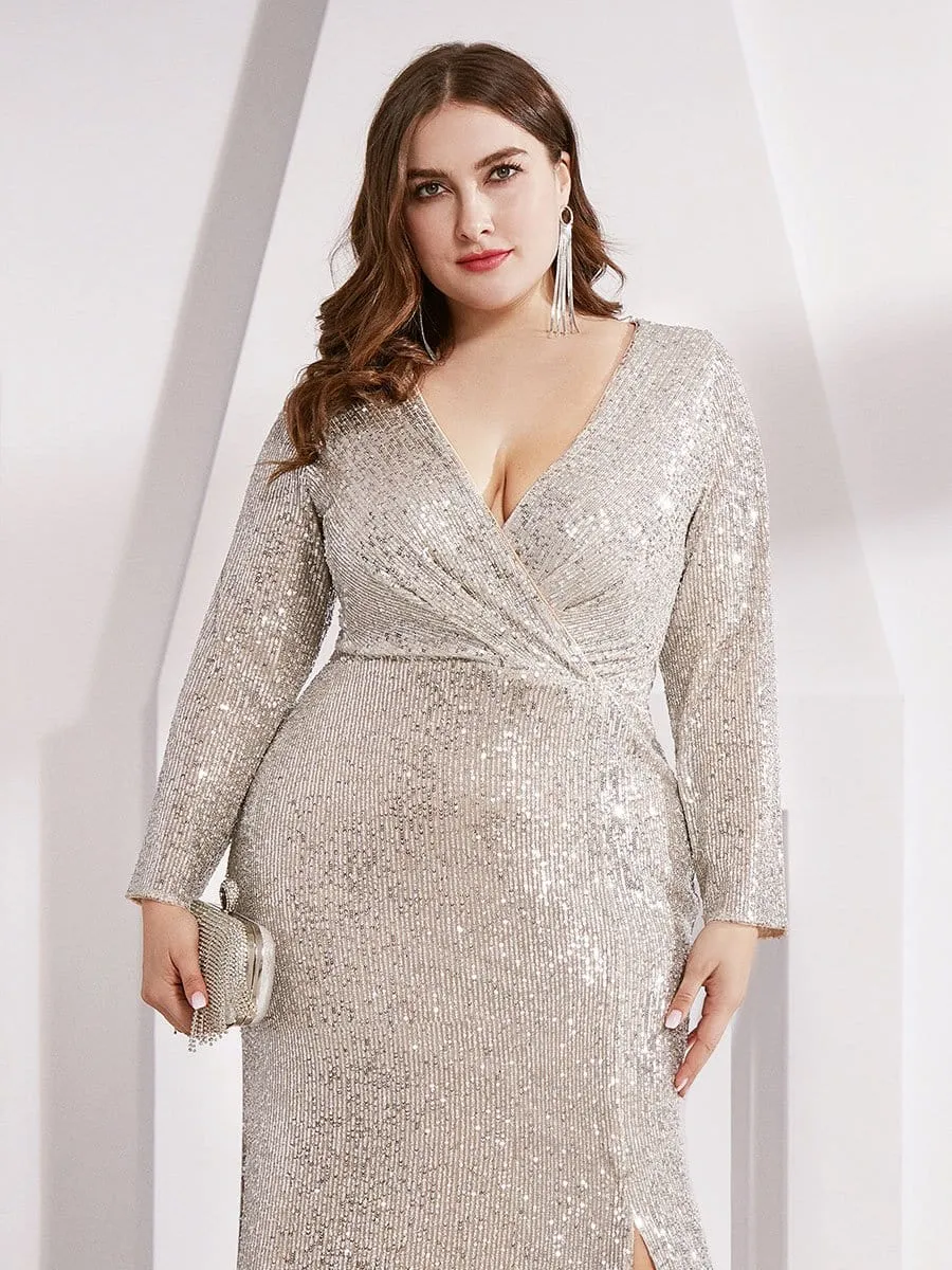 Lois | Shiny V Neck Sequin Long Sleeves Evening Dress