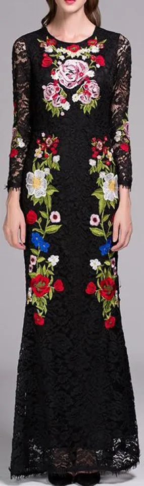 Long Black Floral Embroidered Lace Dress