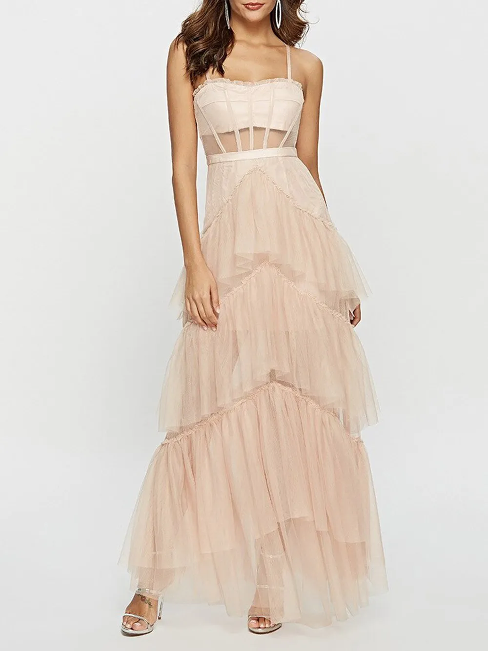 MADAME Strap High WaistTulle Maxi Dress