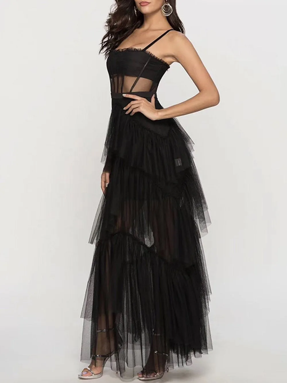 MADAME Strap High WaistTulle Maxi Dress