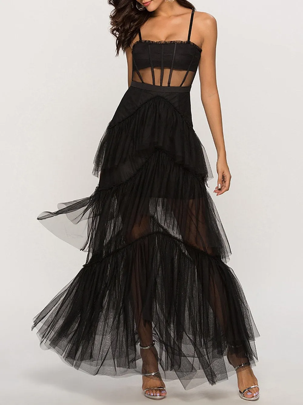 MADAME Strap High WaistTulle Maxi Dress