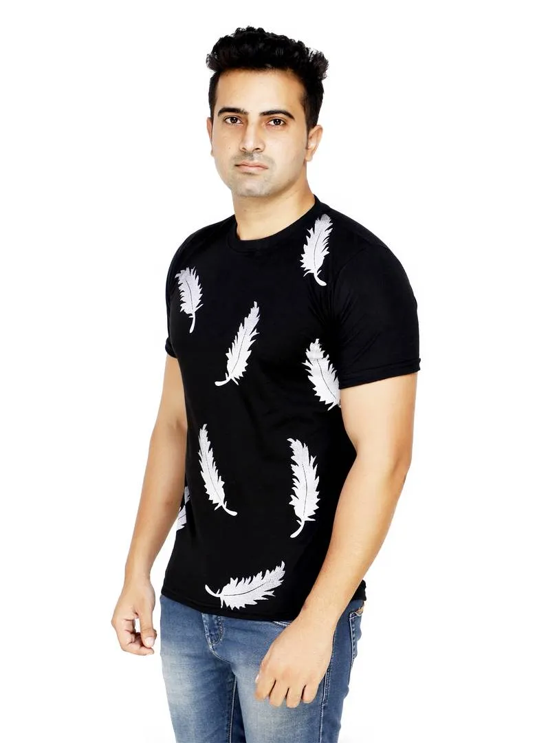 Men's Black Polycotton Printed Round Neck Tees