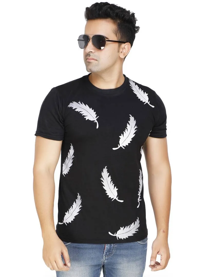 Men's Black Polycotton Printed Round Neck Tees