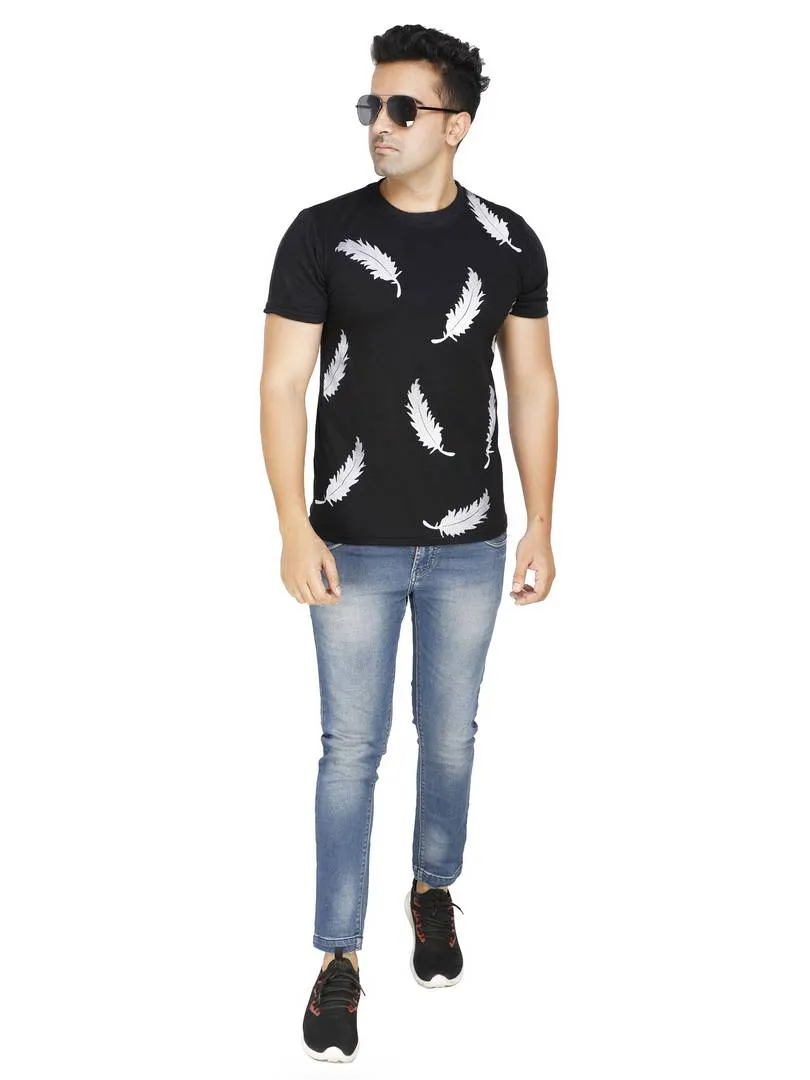 Men's Black Polycotton Printed Round Neck Tees