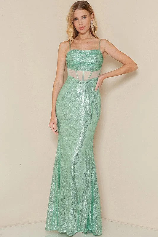 Mint Corset Sleeveless Sequin Maxi Dress