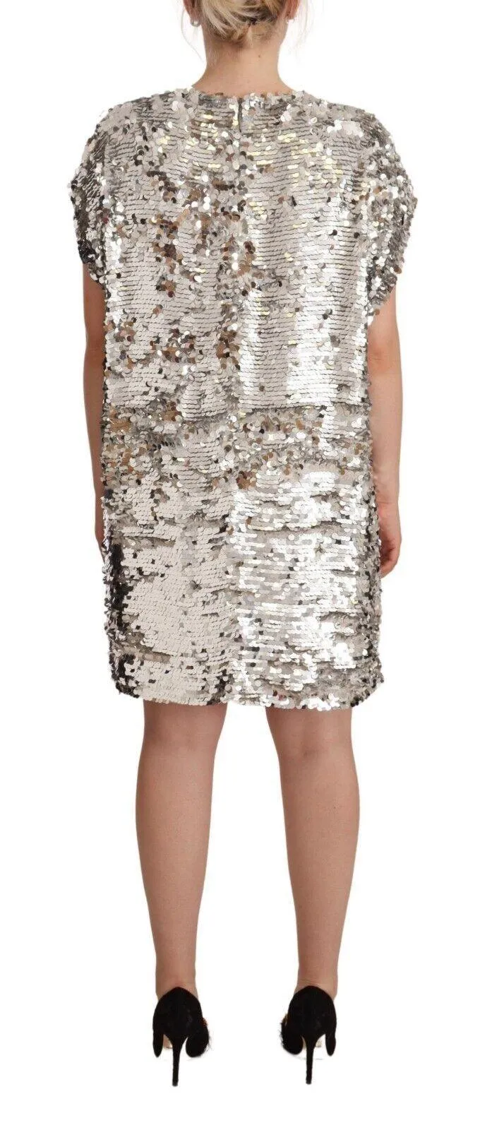 MSGM Silver Sequined Polyester Short Sleeves Shift Mini Dress