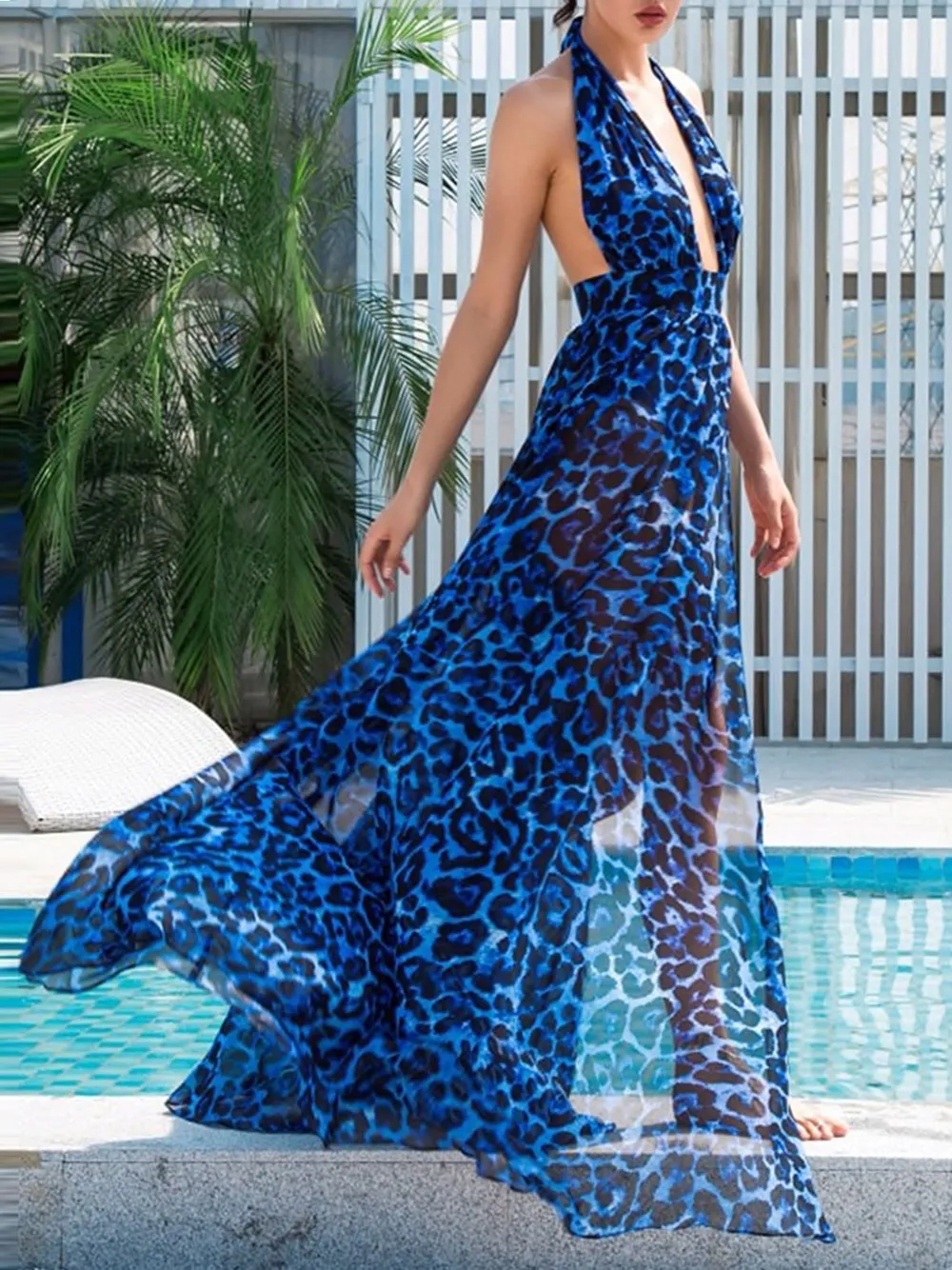 NAKARI Leopard-Print Open Back Slit Maxi Dress