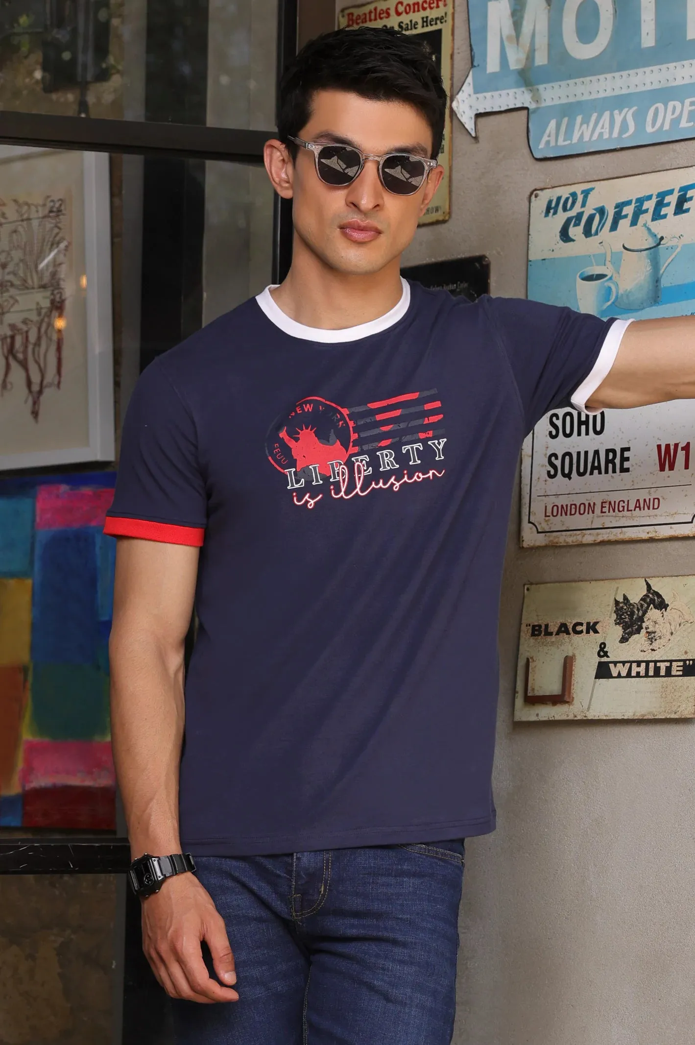 Navy Blue Graphic Printed Tees