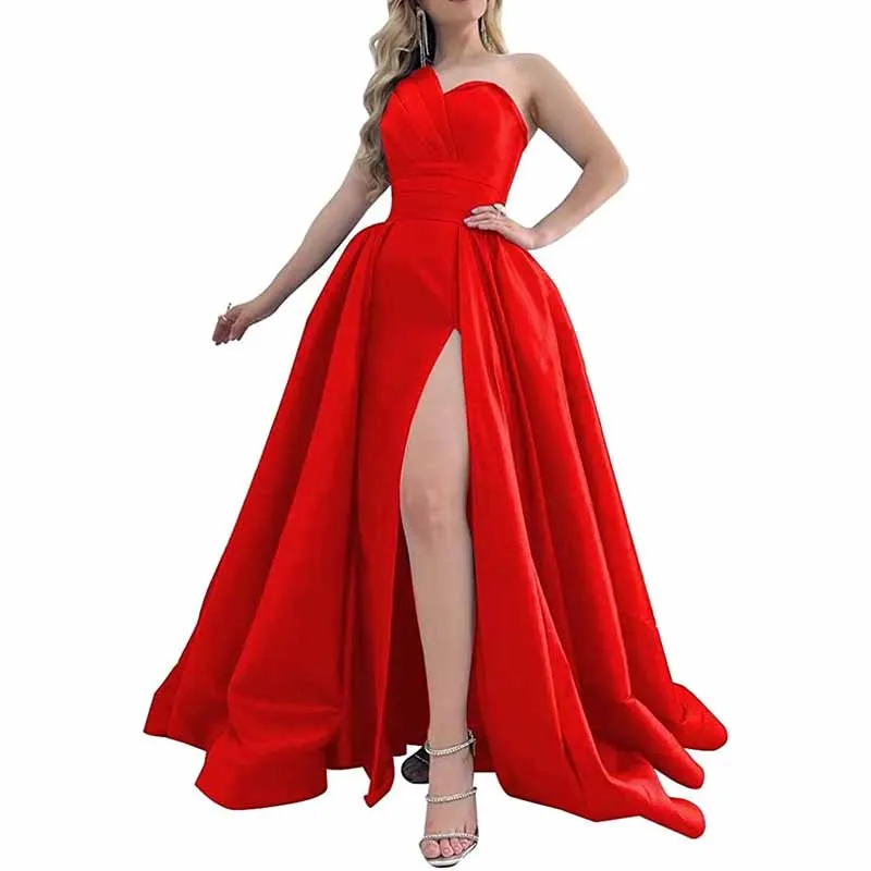 One Shoulder Satin Bridesmaid Dress Prom Dresses Long Ball Gown Formal Dresses for Women Evening Gowns with Slit