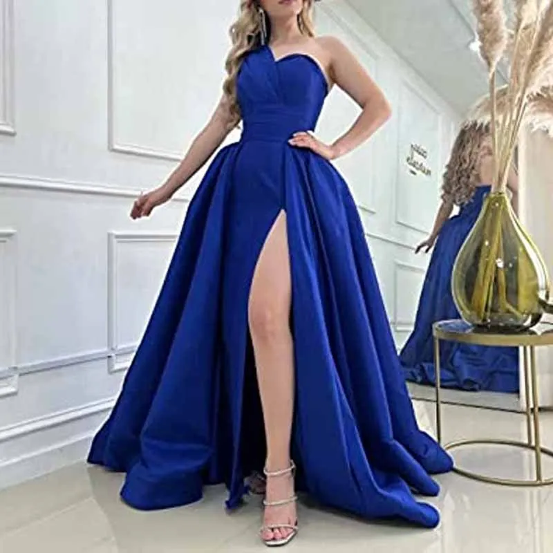 One Shoulder Satin Bridesmaid Dress Prom Dresses Long Ball Gown Formal Dresses for Women Evening Gowns with Slit