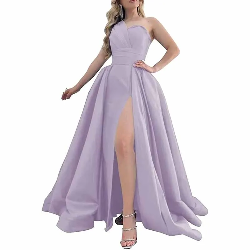 One Shoulder Satin Bridesmaid Dress Prom Dresses Long Ball Gown Formal Dresses for Women Evening Gowns with Slit