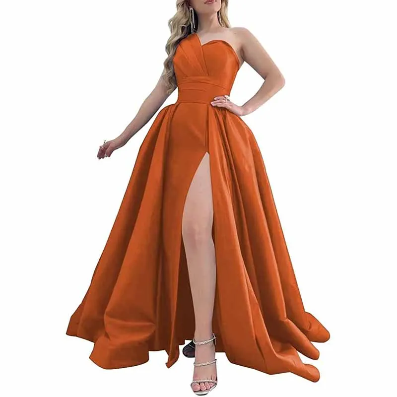 One Shoulder Satin Bridesmaid Dress Prom Dresses Long Ball Gown Formal Dresses for Women Evening Gowns with Slit