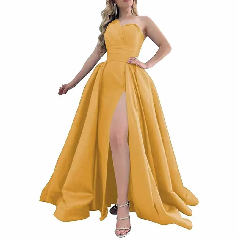 One Shoulder Satin Bridesmaid Dress Prom Dresses Long Ball Gown Formal Dresses for Women Evening Gowns with Slit