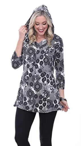 Parsley & Sage Amelia, Geometric Pattern 3/4 Sleeve V-Neck Hoodie Tunic Top