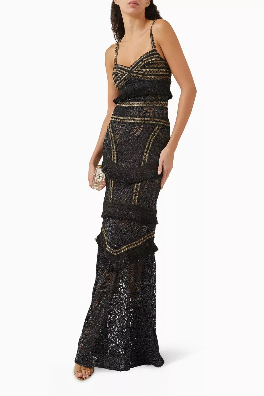 PatBo Lace and Fringe Maxi Dress Black