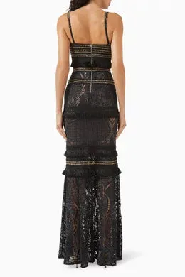 PatBo Lace and Fringe Maxi Dress Black