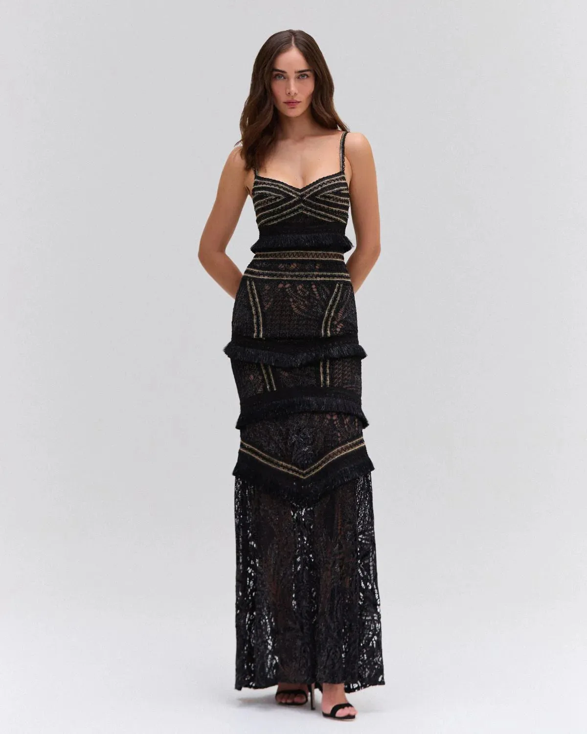 PatBo Lace and Fringe Maxi Dress Black