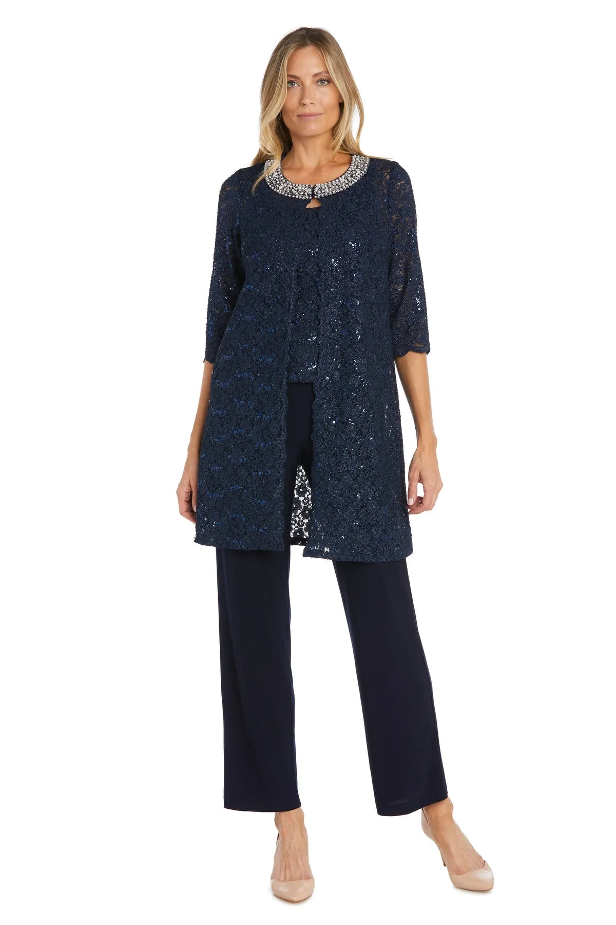 Pearl-Adorned Neckline Lace Women's Pant Suit