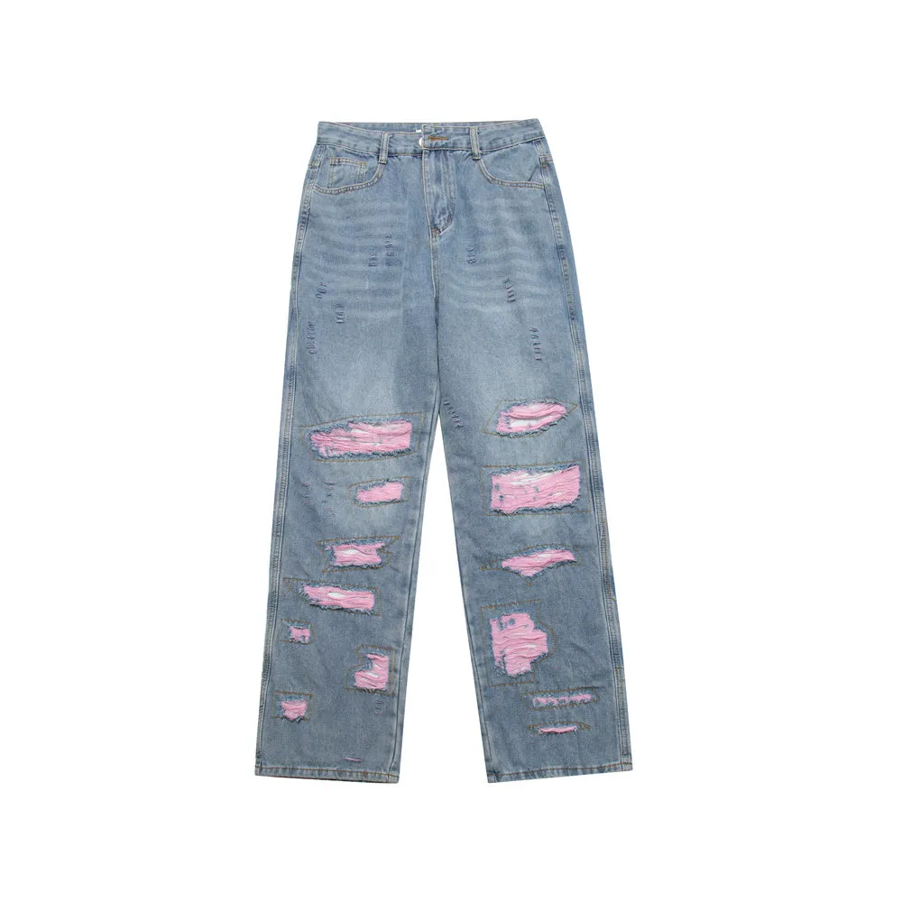 Pink Patched Distressed Jeans