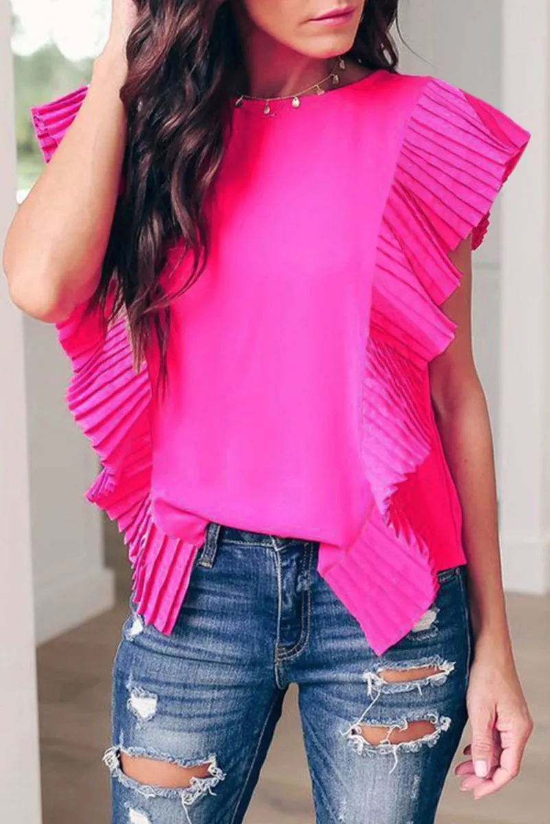 Pleated Pink Ruffle Sleeveless Blouse