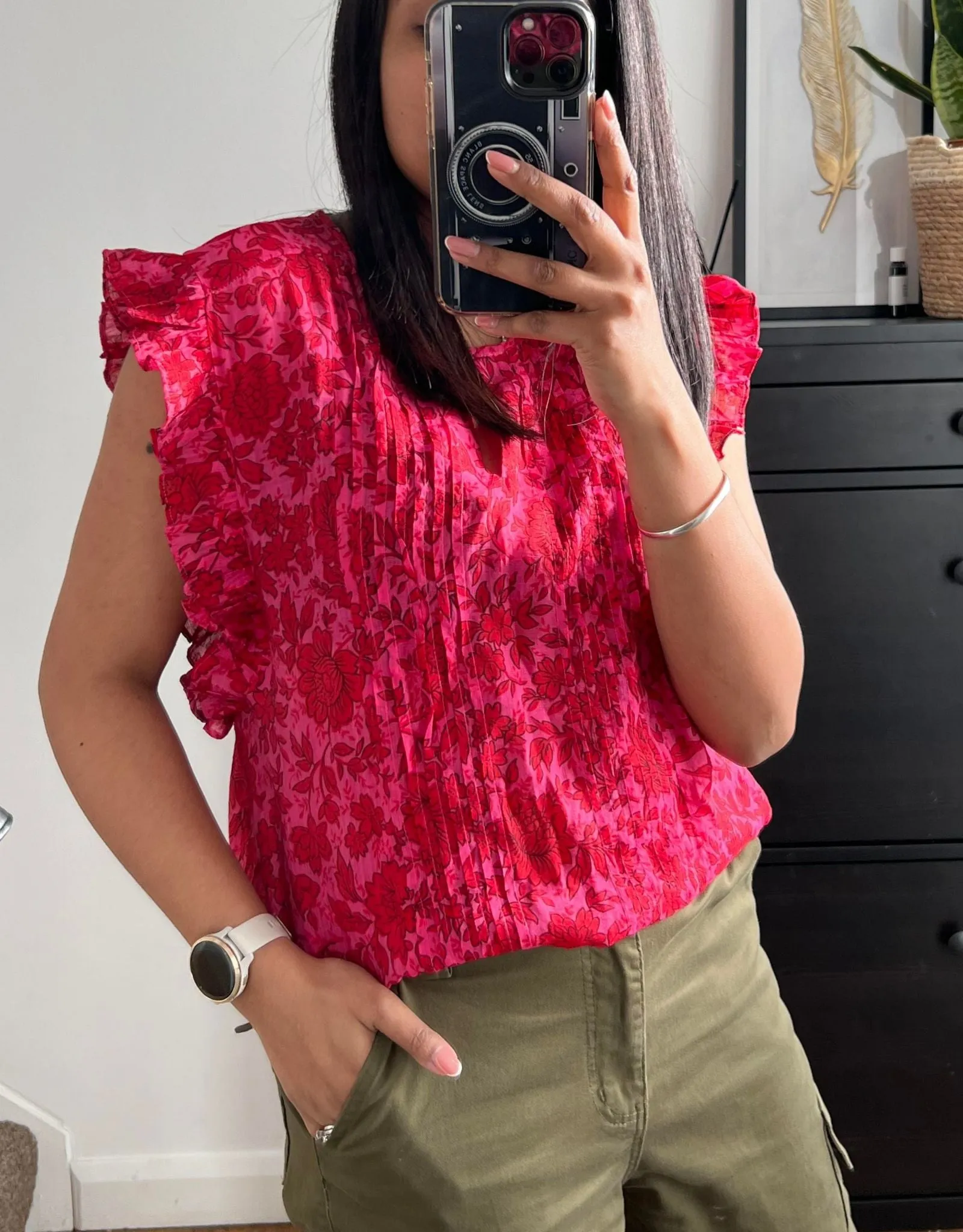 Red and Pink Printed Silk Mix Sleeveless Top