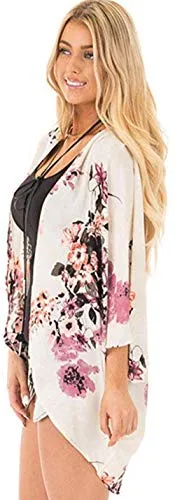 sumtaplor Women's Floral Kimono Cardigans Chiffon Casual Loose Open Front Cover Ups Tops Deep Pink S