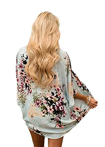 sumtaplor Women's Floral Kimono Cardigans Chiffon Casual Loose Open Front Cover Ups Tops Deep Pink S