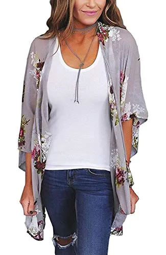 sumtaplor Women's Floral Kimono Cardigans Chiffon Casual Loose Open Front Cover Ups Tops Deep Pink S