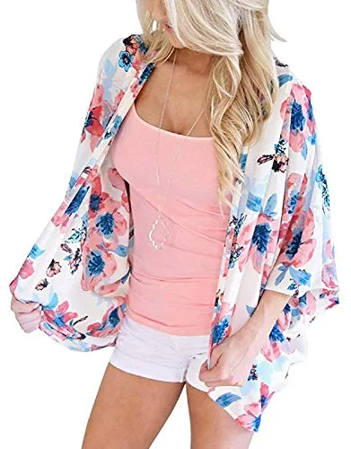 sumtaplor Women's Floral Kimono Cardigans Chiffon Casual Loose Open Front Cover Ups Tops Deep Pink S