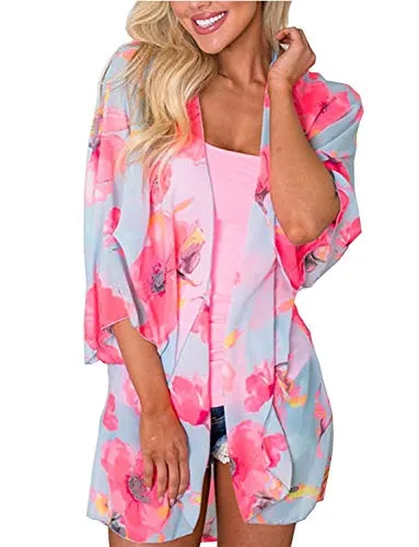 sumtaplor Women's Floral Kimono Cardigans Chiffon Casual Loose Open Front Cover Ups Tops Deep Pink S