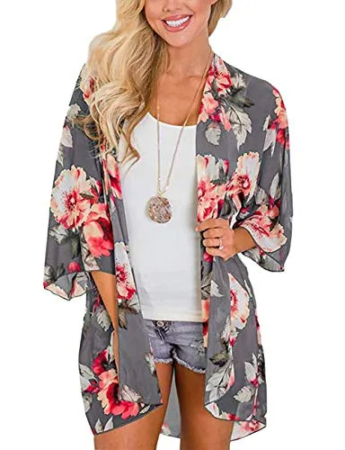 sumtaplor Women's Floral Kimono Cardigans Chiffon Casual Loose Open Front Cover Ups Tops Deep Pink S