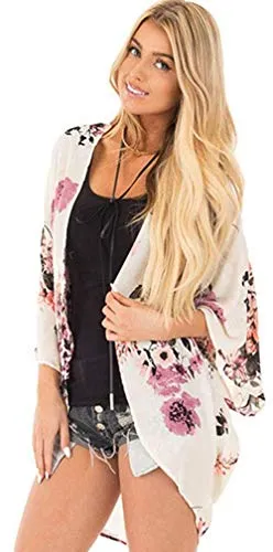 sumtaplor Women's Floral Kimono Cardigans Chiffon Casual Loose Open Front Cover Ups Tops Deep Pink S