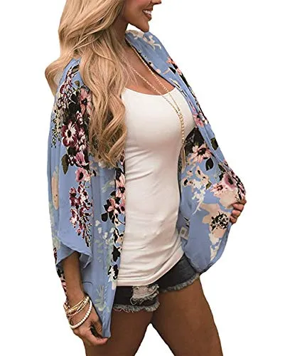 sumtaplor Women's Floral Kimono Cardigans Chiffon Casual Loose Open Front Cover Ups Tops Deep Pink S