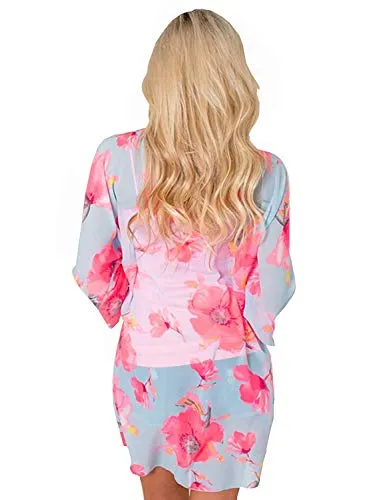 sumtaplor Women's Floral Kimono Cardigans Chiffon Casual Loose Open Front Cover Ups Tops Deep Pink S