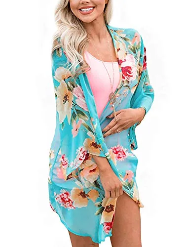 sumtaplor Women's Floral Kimono Cardigans Chiffon Casual Loose Open Front Cover Ups Tops Deep Pink S