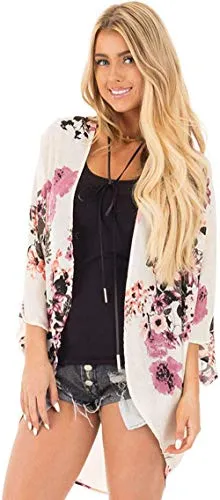 sumtaplor Women's Floral Kimono Cardigans Chiffon Casual Loose Open Front Cover Ups Tops Deep Pink S