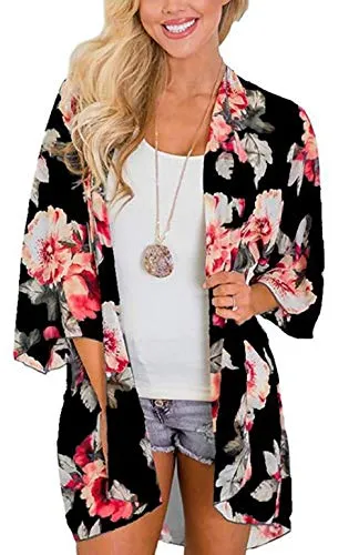 sumtaplor Women's Floral Kimono Cardigans Chiffon Casual Loose Open Front Cover Ups Tops Deep Pink S