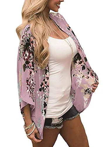 sumtaplor Women's Floral Kimono Cardigans Chiffon Casual Loose Open Front Cover Ups Tops Deep Pink S