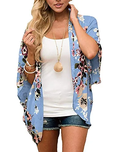 sumtaplor Women's Floral Kimono Cardigans Chiffon Casual Loose Open Front Cover Ups Tops Deep Pink S