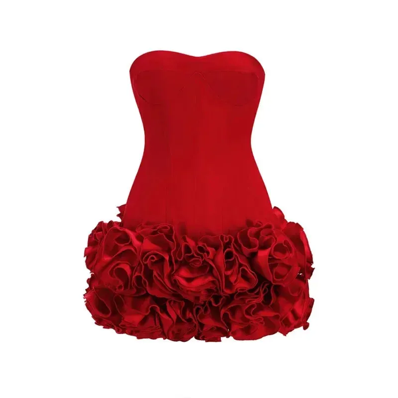 TAVIMART  -  Luxury Christmas Dress Sexy Strapless Backless Red Structured Floral Embellished Mini Dresses Woman Bodycon Cocktail Party Gowns