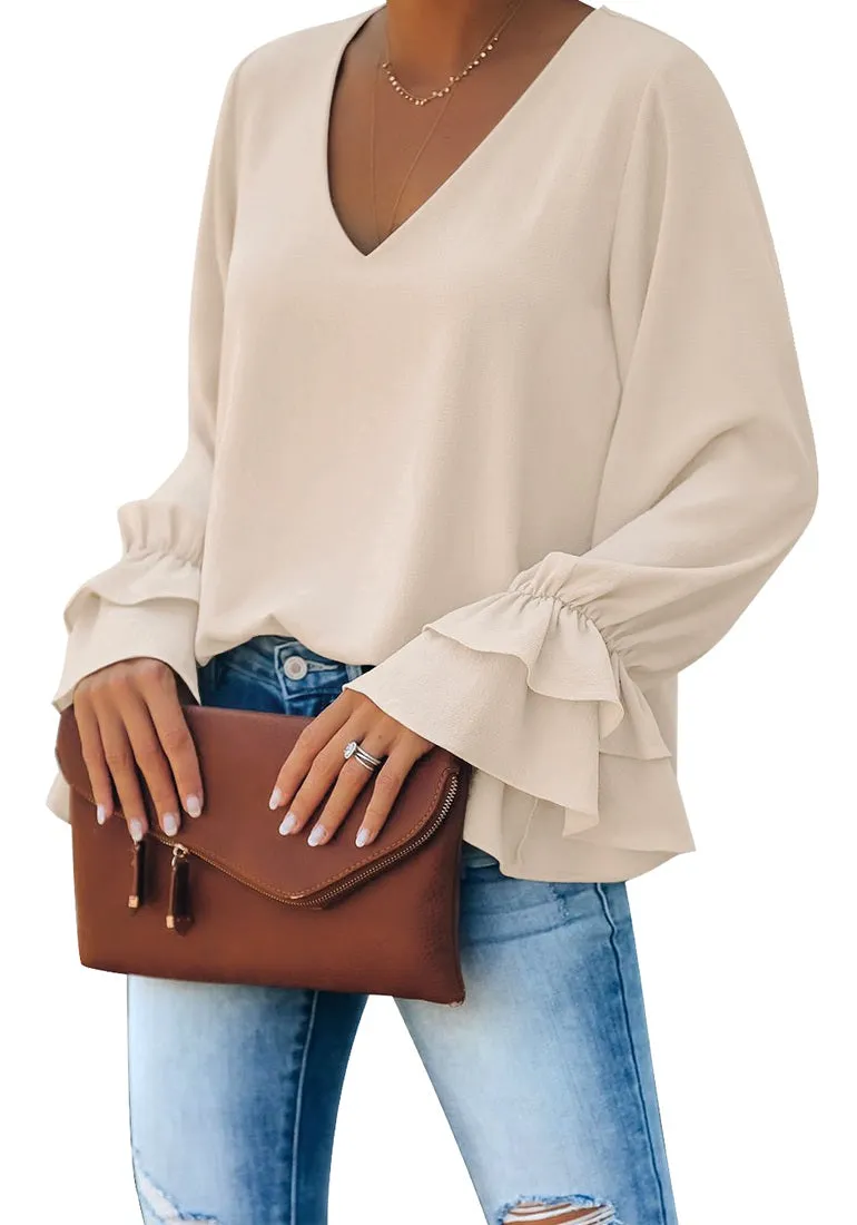 Vetinee Women's V Neck Ruffled Long Bell Sleeve Tops Casual Loose Shirt Blouse