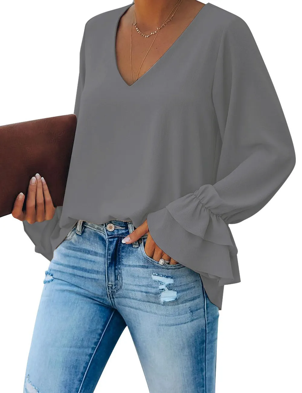 Vetinee Women's V Neck Ruffled Long Bell Sleeve Tops Casual Loose Shirt Blouse