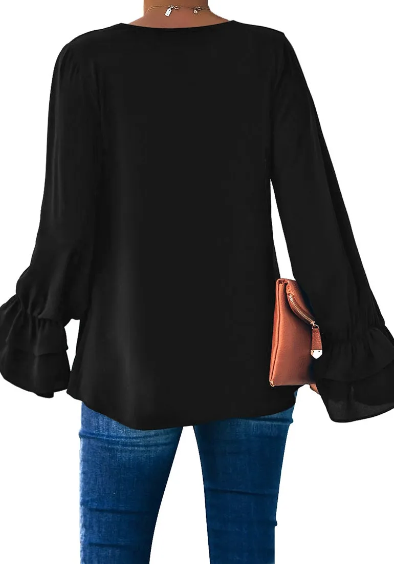 Vetinee Women's V Neck Ruffled Long Bell Sleeve Tops Casual Loose Shirt Blouse