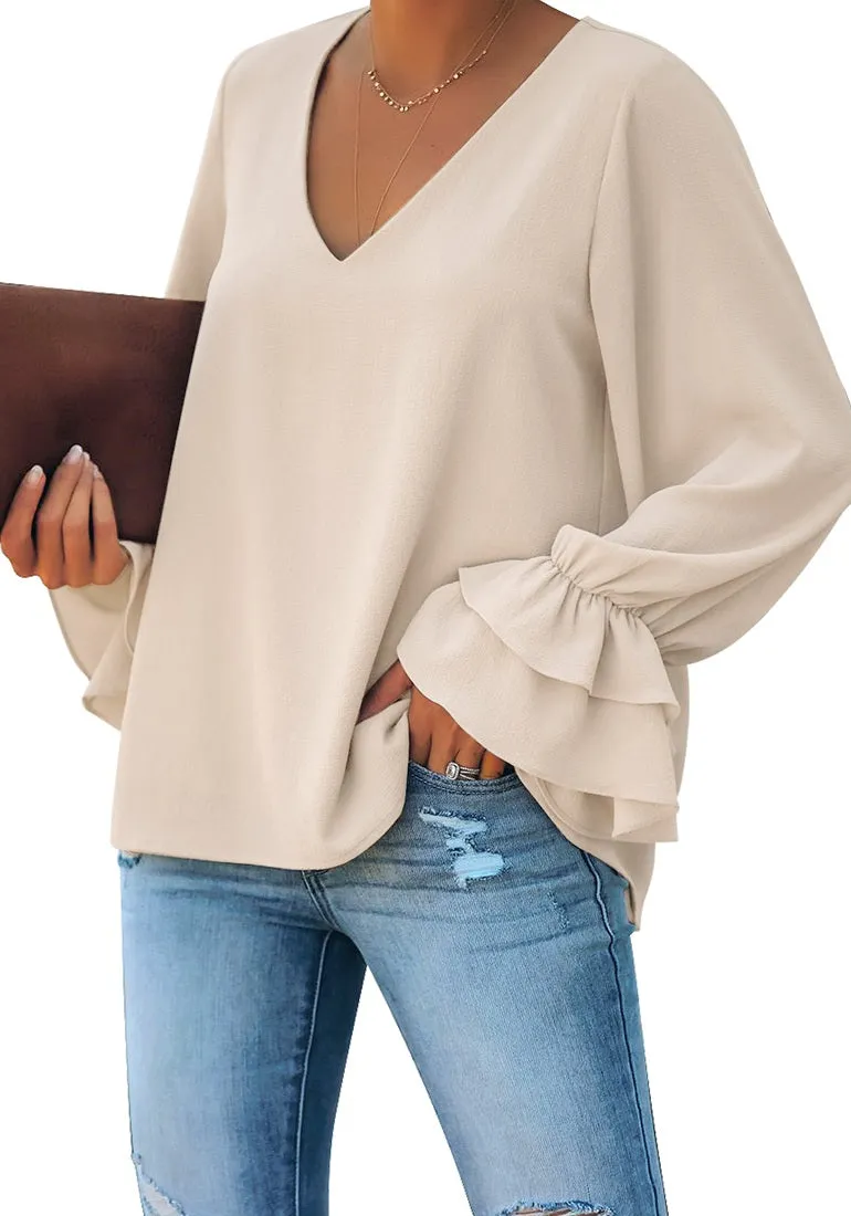 Vetinee Women's V Neck Ruffled Long Bell Sleeve Tops Casual Loose Shirt Blouse