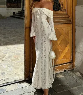 White Off Shoulder See-through Lace Up Maxi Dress Women Flared Long Sleeves Chest Wrapped Dresses Summer Elegant Seaside Gowns