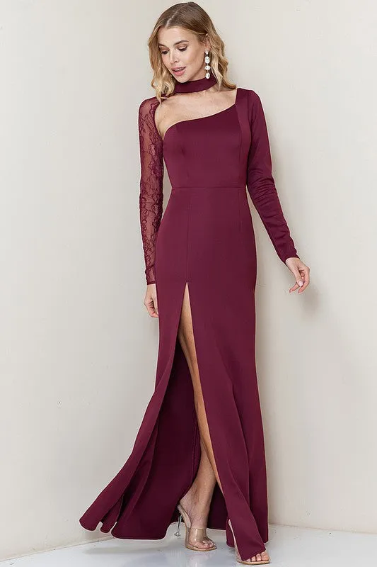 Wine Lace Sheer Sleeve Detail Slit Maxi Dress