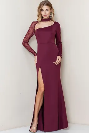 Wine Lace Sheer Sleeve Detail Slit Maxi Dress