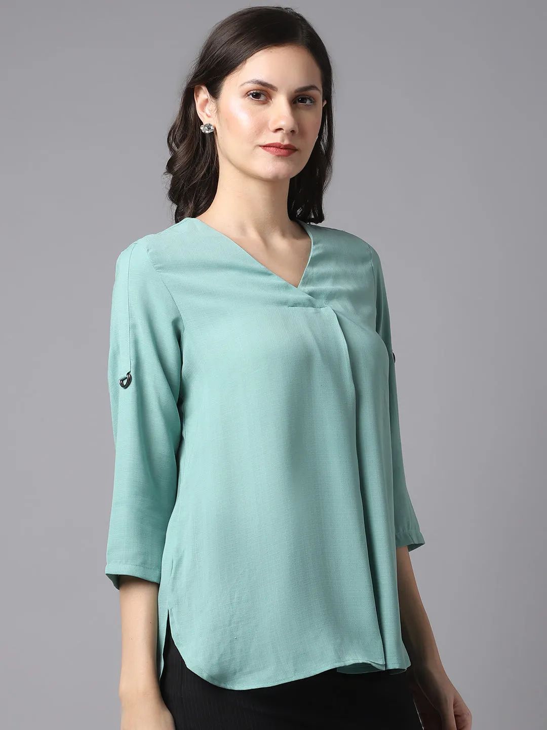 Women's Casual  Light Green Solid V neck Tunic